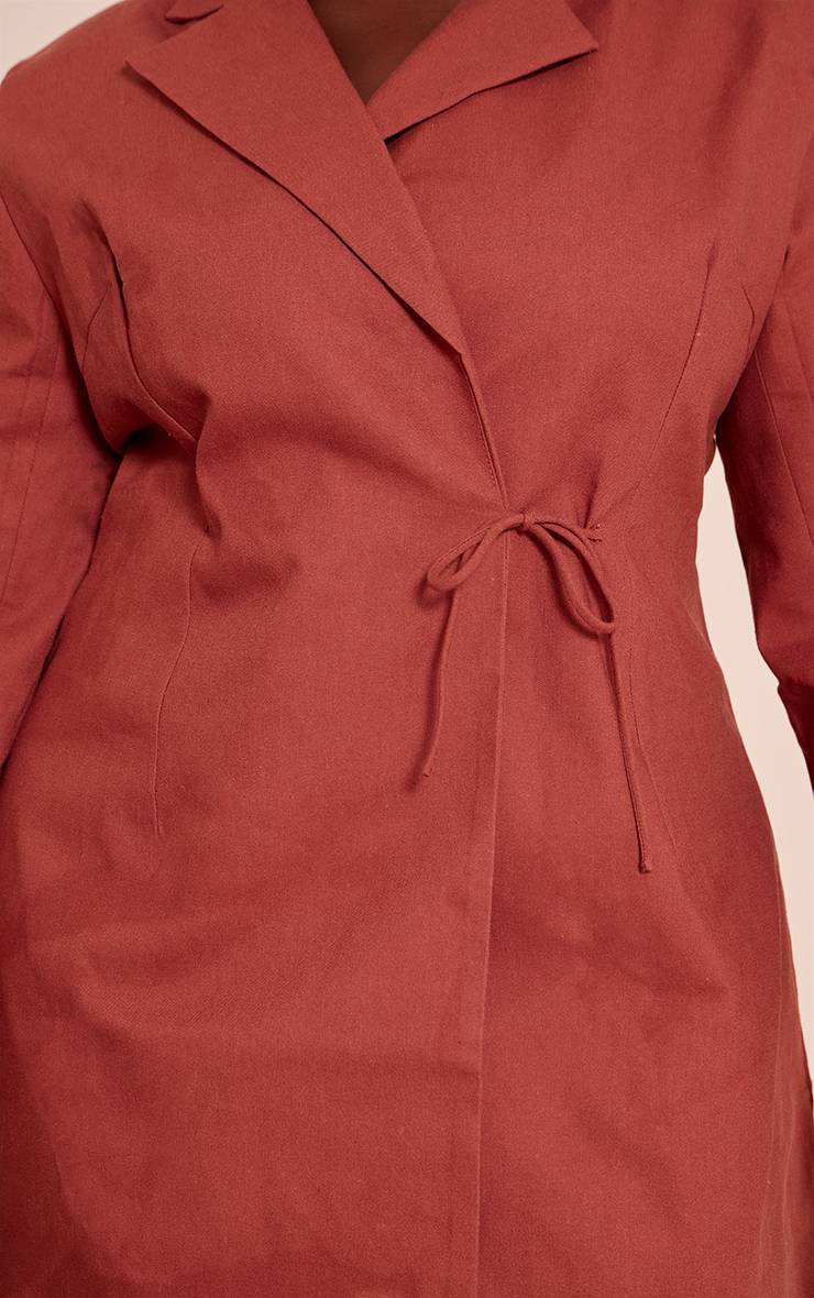 Rouille Robe Blazer Grande Taille En Mélange De Lin Avec Détail Ceinture Nouée