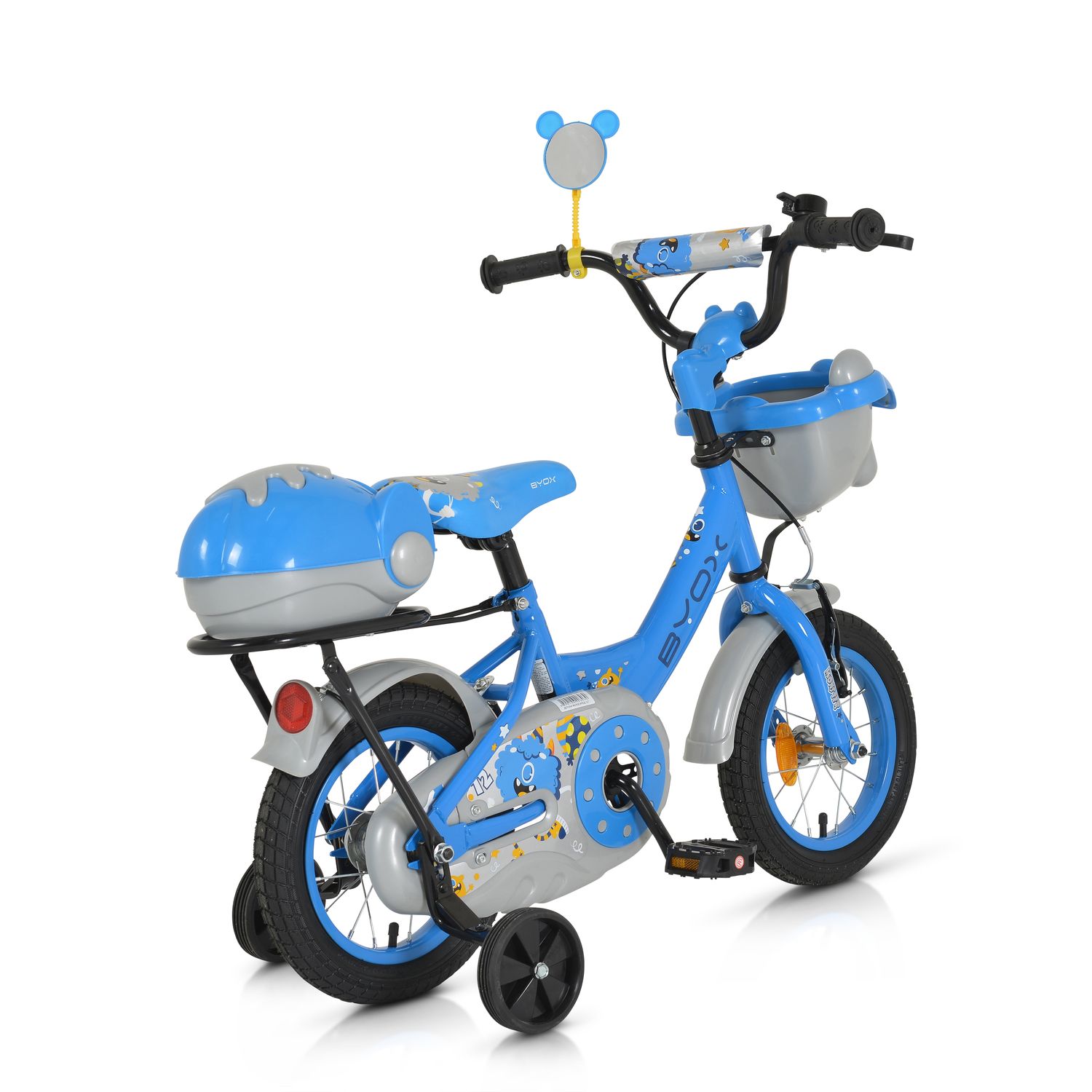 Byox Kinderfahrrad 1202 12 Zoll mit Stützräder, Körbe, Rückspiegel, Klingel blau