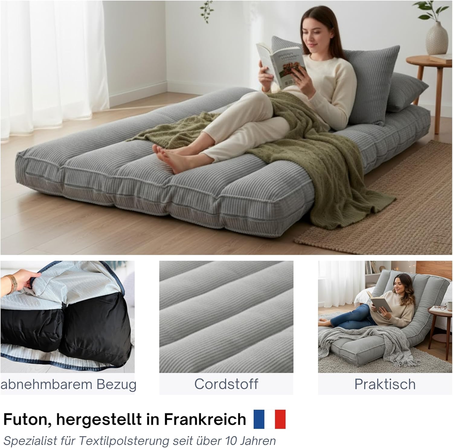 bananair Futon für 2 Personen - Dick & Bequem, Waschbarer Bezug, Ideal als Klappbare Bodenmatratze - Japanische Matratze, Aufbewahrungsgurt Enthalten (140 × 190 cm, Hellgrau)
