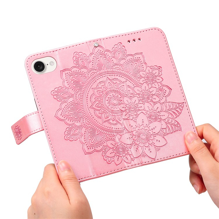 iPhone 16e Leder Tasche Wallet - Mandala Flowers Imprint - Rosa