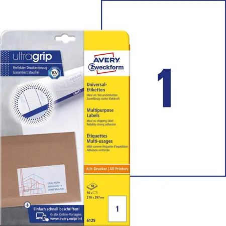 Avery Zweckform 6125 Universal-Etiketten,A4 mit ultragrip,210 x 297 mm, 10 Bogen/10 Etiketten, weiß