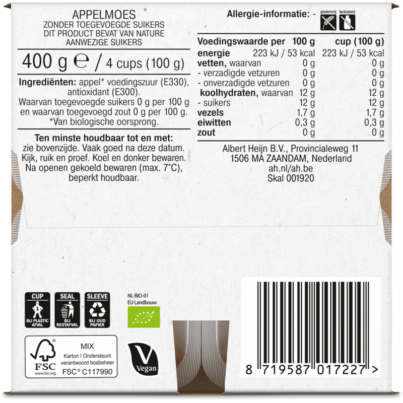 AH Biologisch Appelmoes 0% suiker toegevoegd