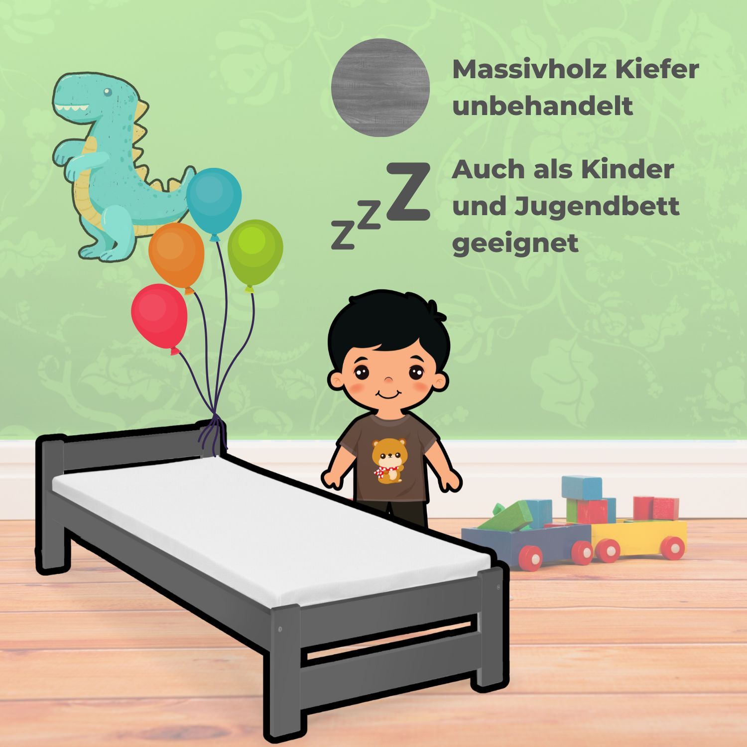 Coemo Bett Classico Holzbett Bettgestell Lattenrost Massivholz Kiefer 100x200cm anthrazit