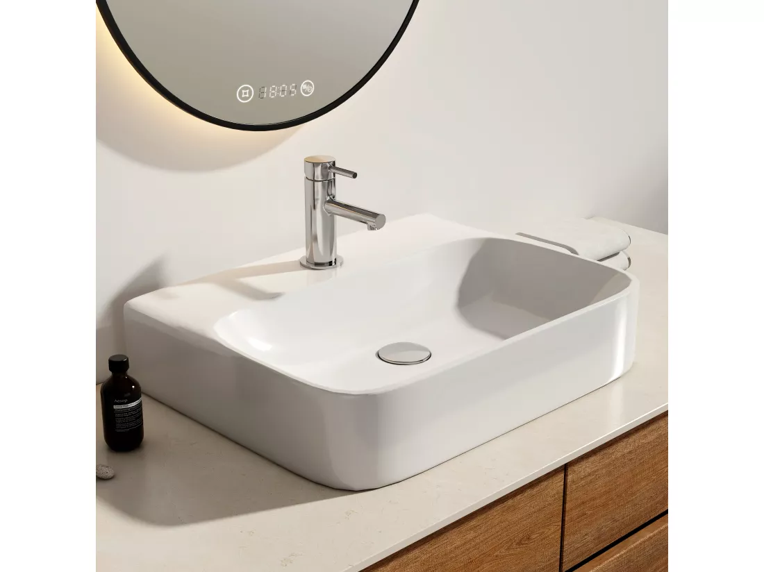 EMKE Vasque à Poser en céramique 61×47,5×14cm, Lavabo rectangulaire avec robinet trou prépercé, Lavabo à poser blanc brillant