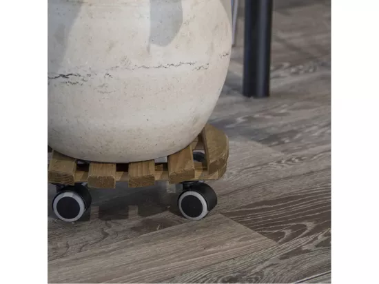 Support à roulettes en bois pour plantes d'intérieur Rond - Teinté marron