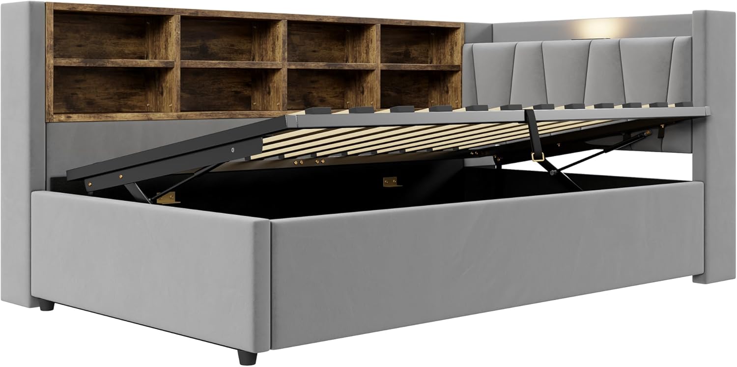 Azkoeesy Schlafsofa aus Samt 90 x 200 cm, Polsterbett mit Stauraum und Lattenrost | USB & Typ-C | Bettkasten & Staufächern | Nachtlicht | Hydraulischem Multifunktionsbett (Hellgrau, 90 x 200 cm)