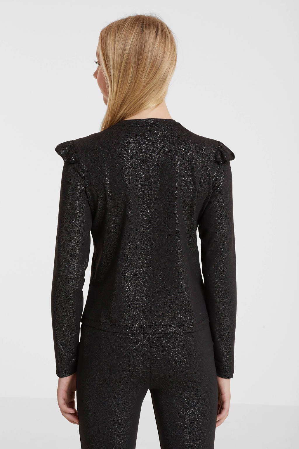 anytime top met ruffles zwart/zilver