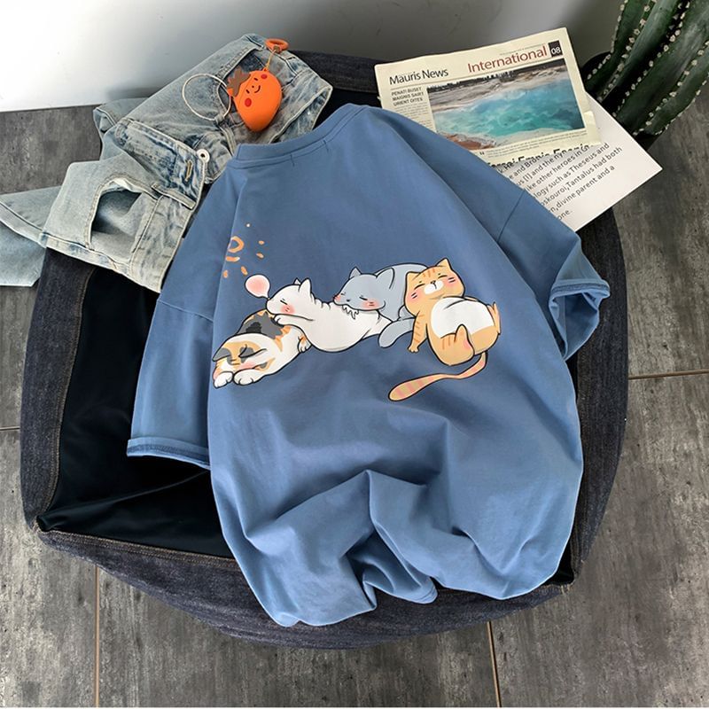 Bay Go Mall - T-shirt met ronde hals en kattenprint, met elleboogmouwen