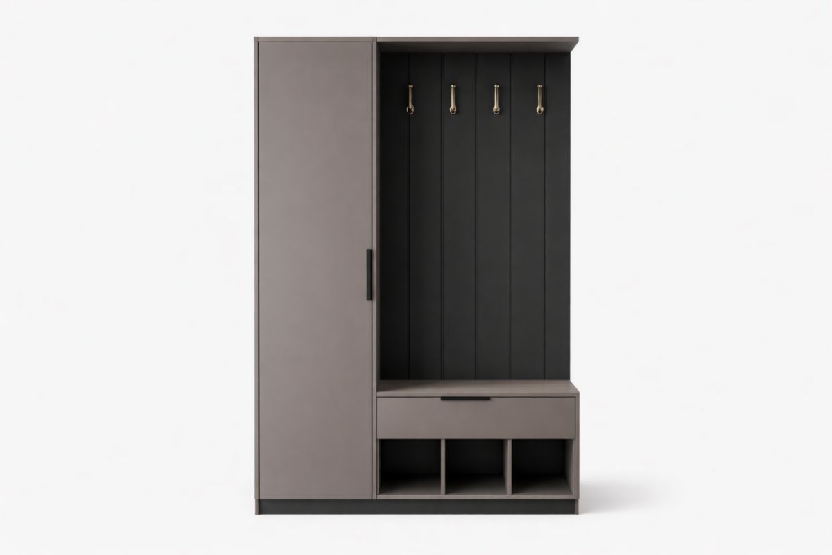 Garderobe aus MDF-Holz mit Sitzbank und Haken in Grau und Schwarz