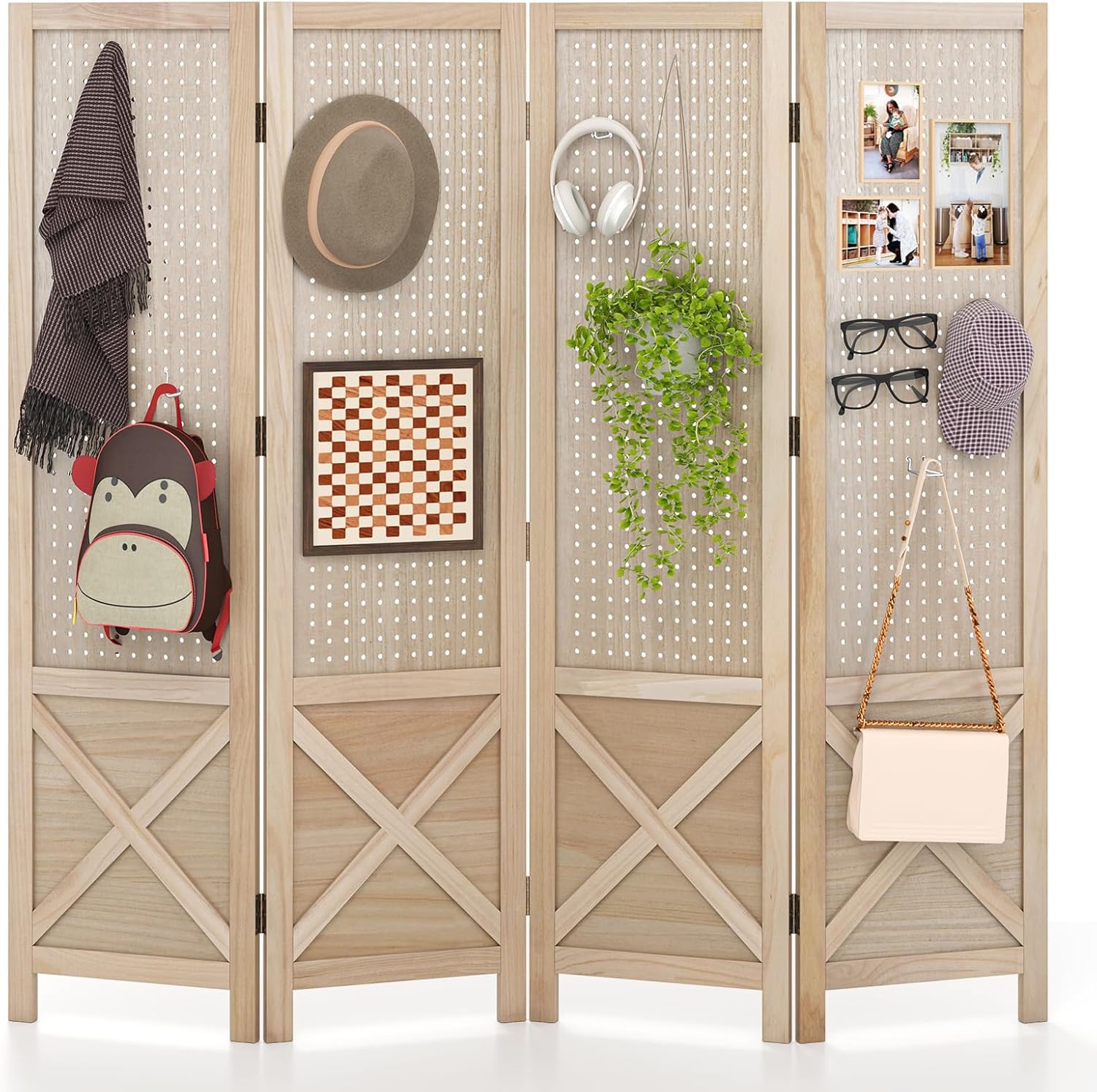 COSTWAY Paravent mit Stecktafel, 153,5 x 144 cm, Raumteiler klappbar, 4 teilige Trennwand Holzrahmen, Sichtschutz Innen Outdoor, dekorativ, Natur