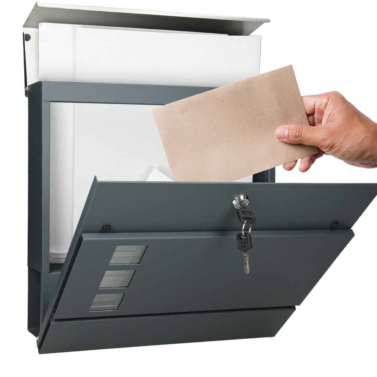 ECD Germany Brievenbus met krantenvak, antraciet/zilver, 37x10,5x36,5 cm, roestvrij staal, kijkvenster, inclusief 2 sleutels en bevestigingsmateriaal, moderne brievenbus voor aan de muur, brievenbus met krantenrol