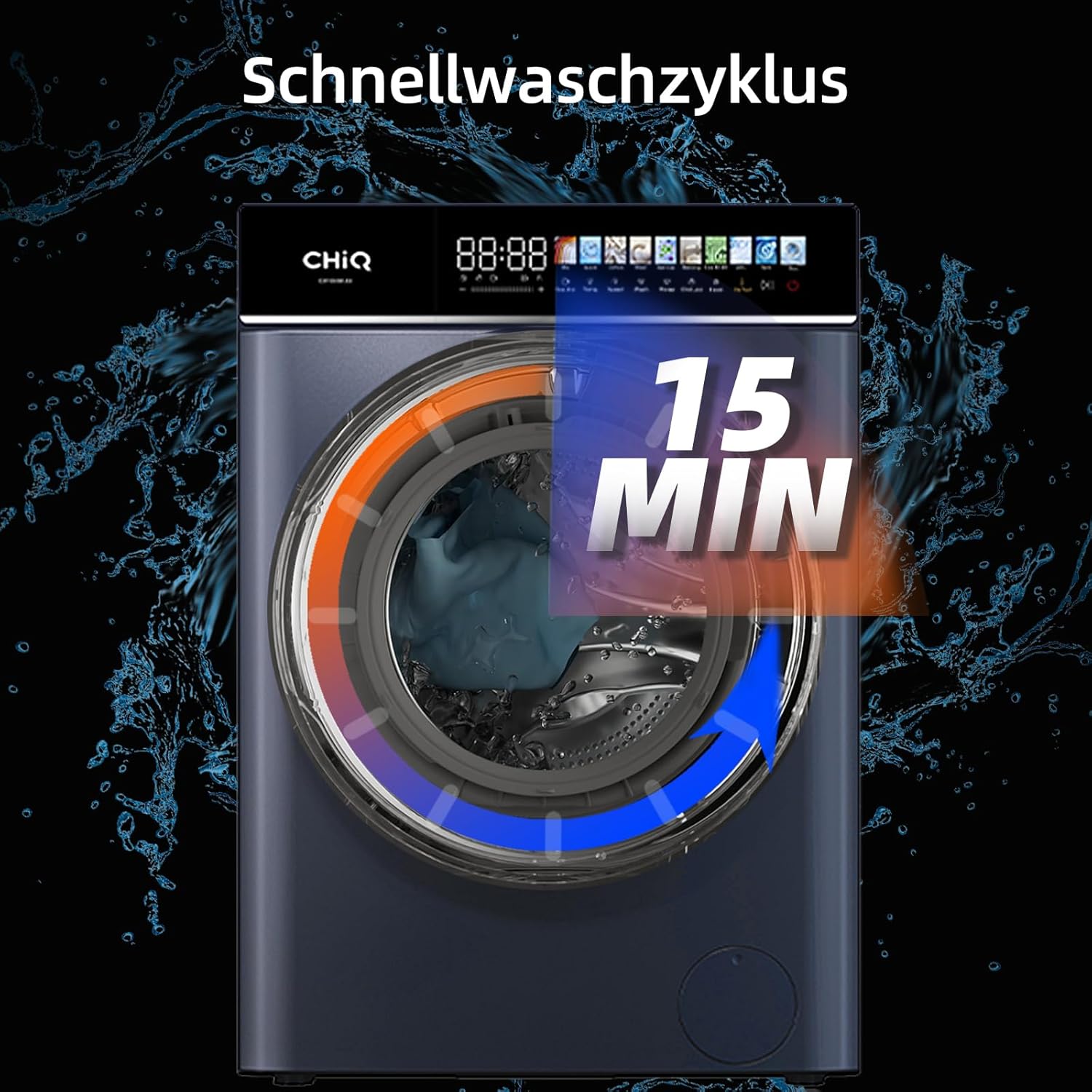 CHiQ Waschmaschine 8kg Frontlader, EEK A-10%, Touchscreen-Steuerung 12 Programme| 520mm D, 1400 U/min, 15Min Schnellwäsche, Großtrommel| Inverter Motor, Antibakterielle Türdichtung, Schwarz 2025