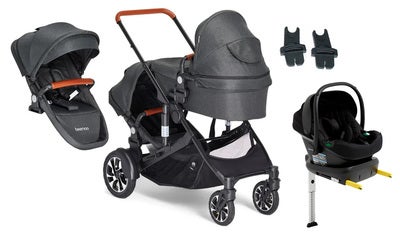 Beemoo Maxi 4 Twin Søskenvogn Inkl. Søskensete & Beemoo Route i-Size Babybilstol & Base, Black/Black Stone