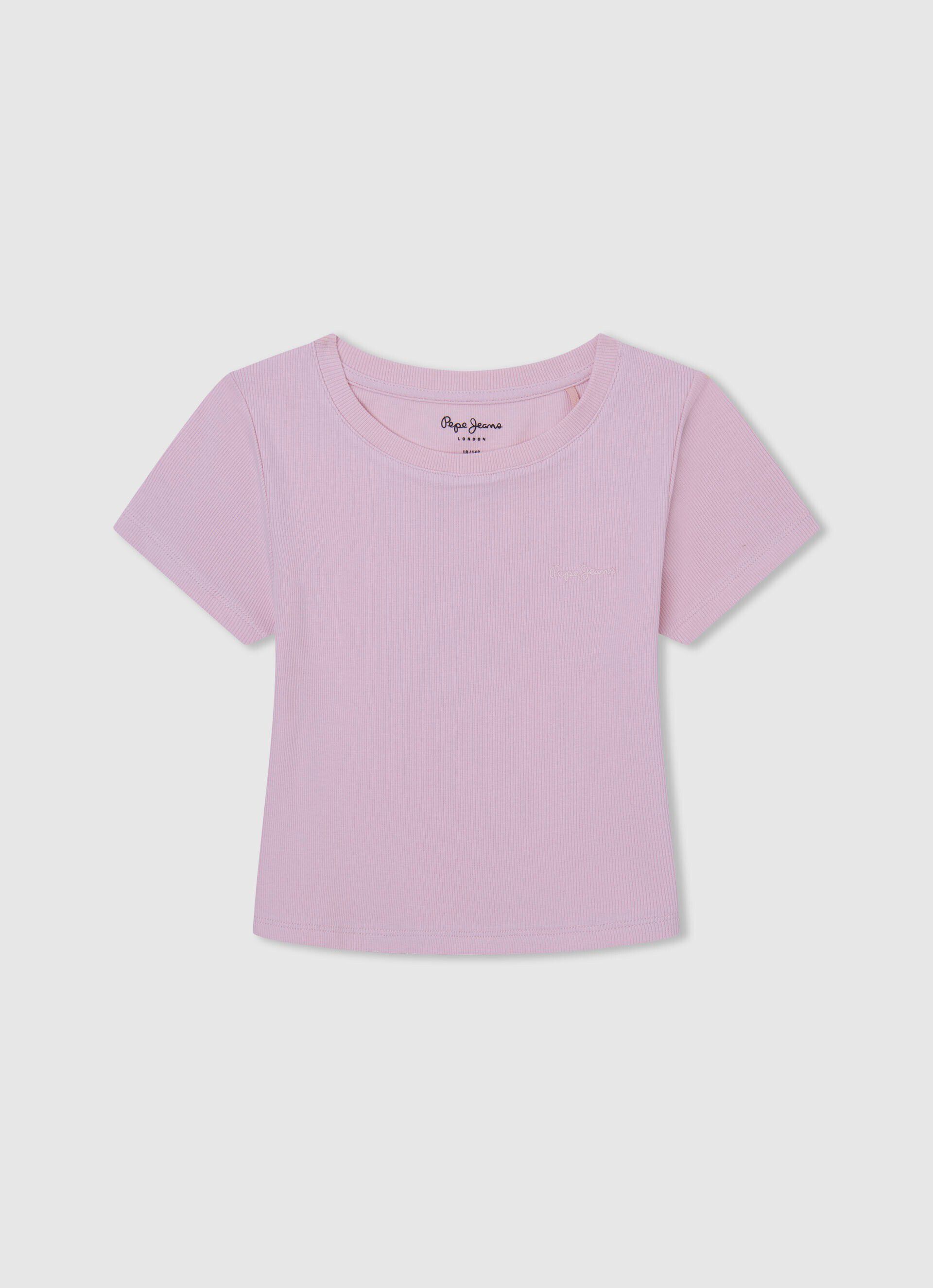 Camiseta canelada com logo bordado - rosa claro