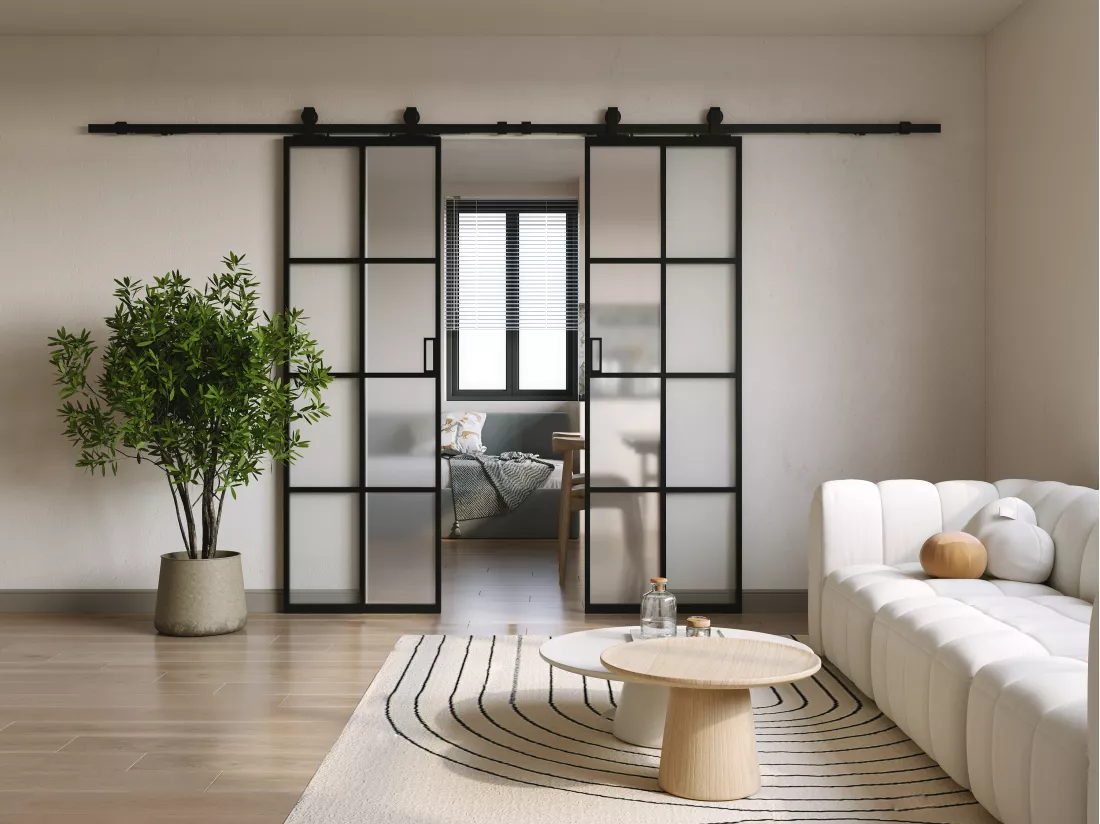 Porte coulissante double avec système en applique - aluminium et verre trempé dépoli - 2 x H205 x L93 cm - WILDEN II