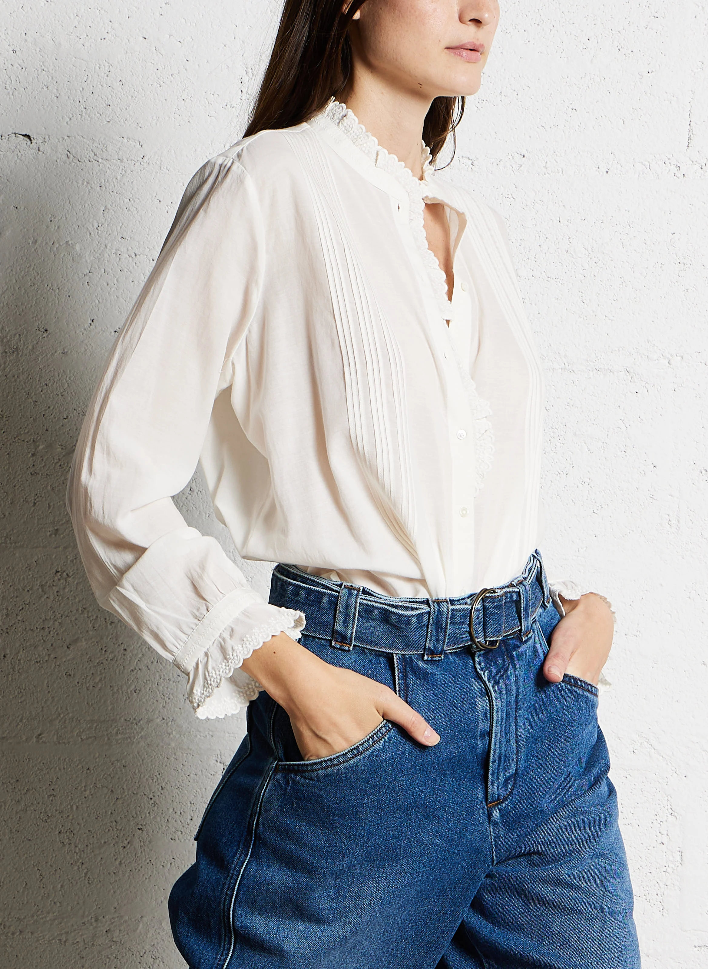 ETHEL - Blouse droite brodée en coton mélangée | Blanc