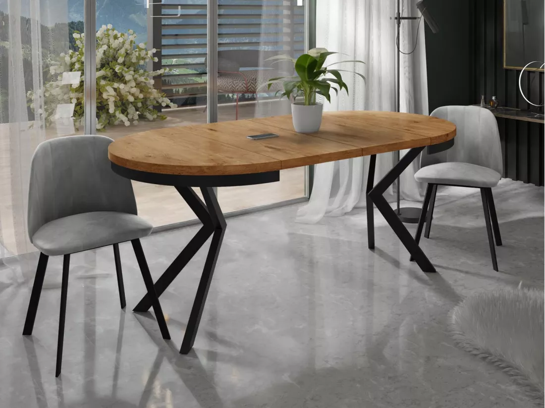 Table à Manger Extensible Ronde - Table Style Loft Avec Pieds En Métal - 90 à 170 Cm - Table Ronde Style Industriel Pour Le Salon - Compacte - Chêne Lancelot/noir -