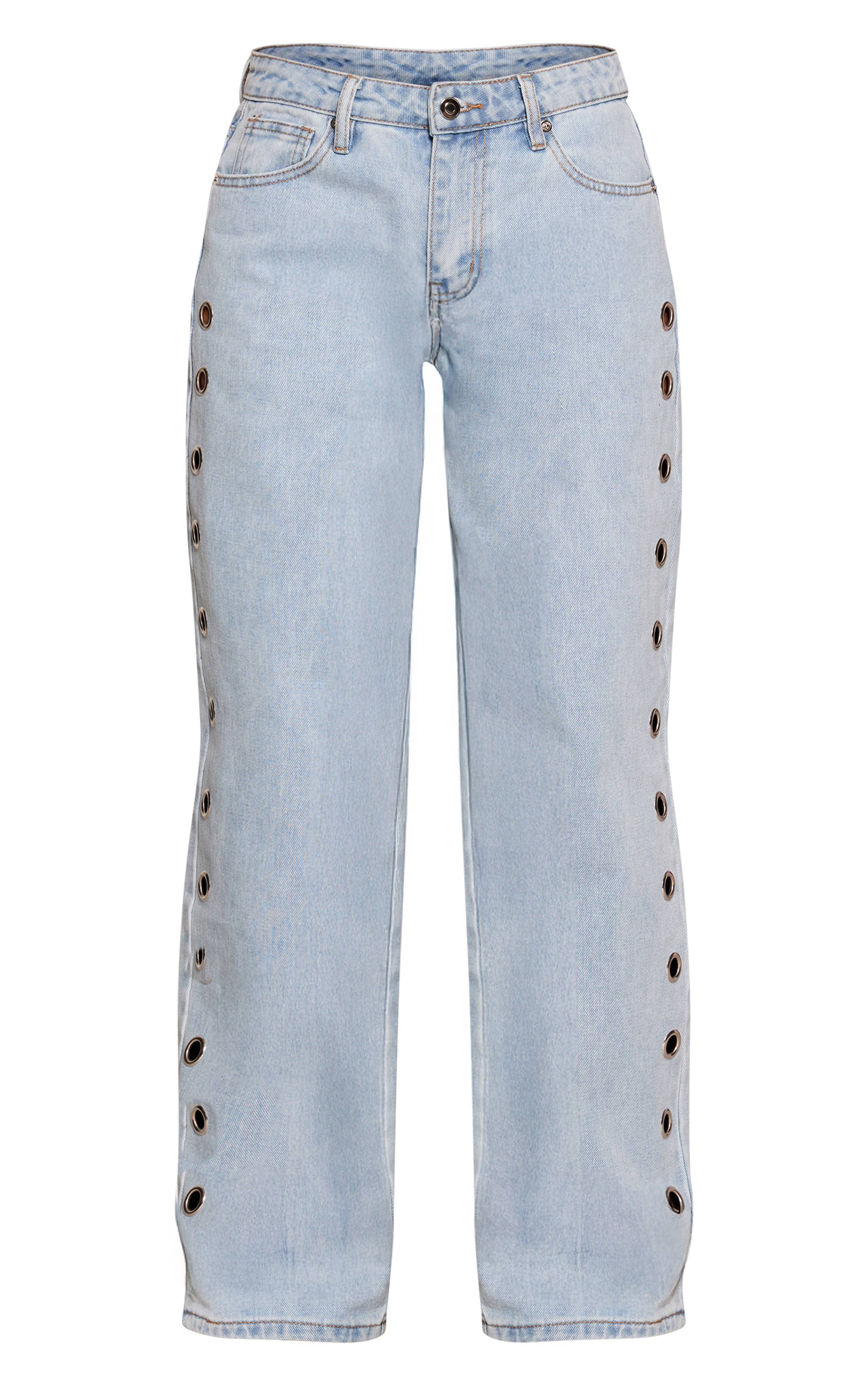 Light Blue Wash Jean Large Petite Bleu Clair Avec Détails Œillets