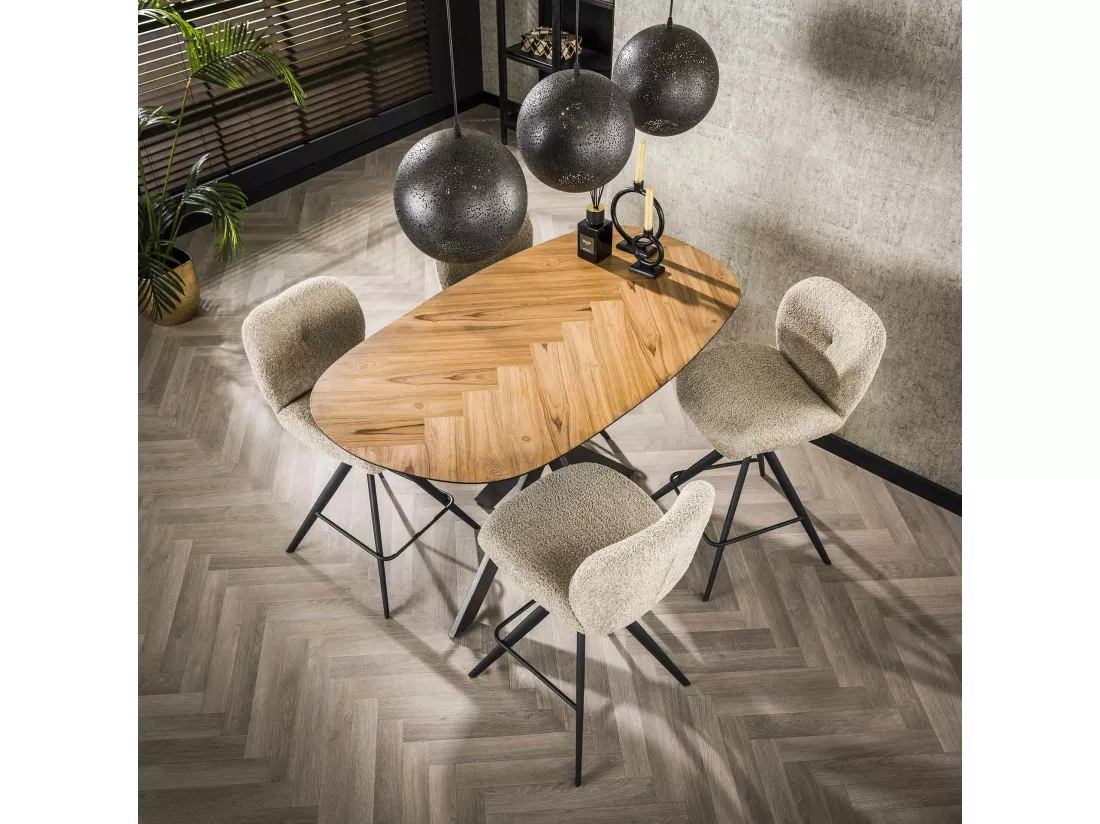 Table bar teck bords arrondis motif chevron 140 cm MAYA
