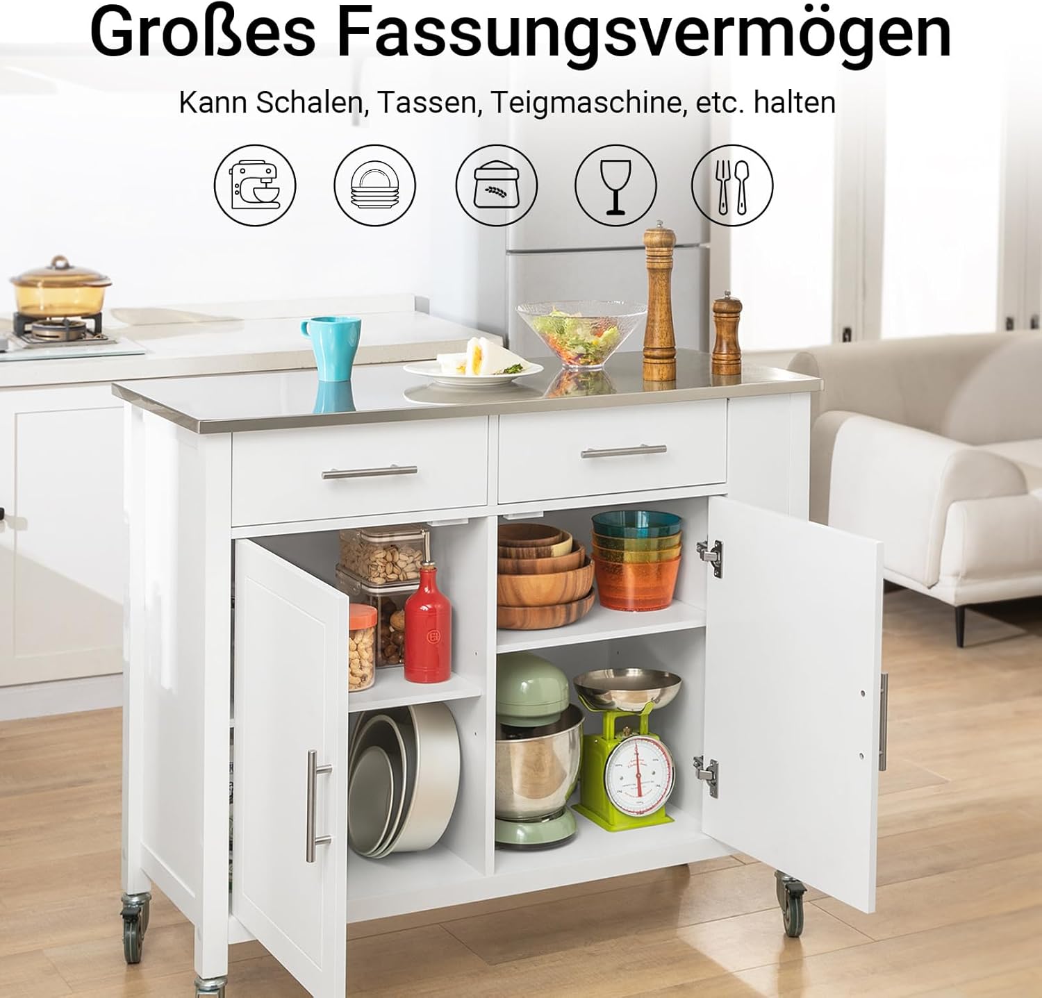 SoBuy Küchenwagen mit Edelstahlplatte Rollwagen mit Seitenregal, Sideboard, Kücheninsel, Küchenschrank & Servierwagen auf Rollen, Mobiler Trolley für Küchenorganisation Weiß, 107x94x46 cm FKW108-W