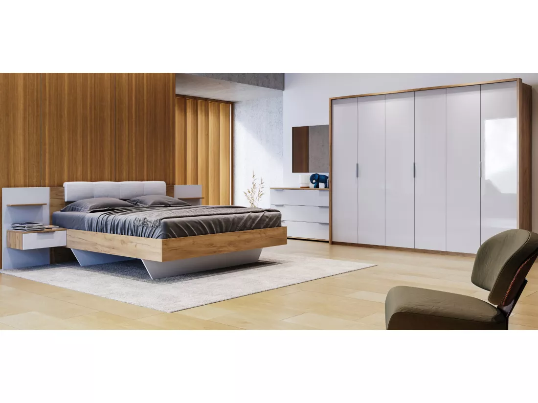 Chambre ASTO II , blanc laqué et chêne clair 160x200 cm - SANS ARMOIRE