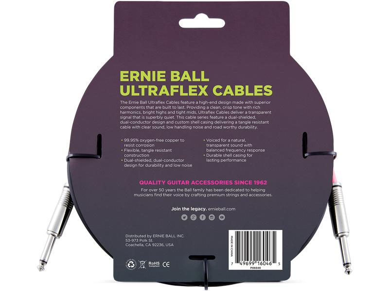 Ernie Ball Instrumentenkabel 6046 – 6.09 m, Schwarz Standardkabel für Instrumente, Klinke-Klinke