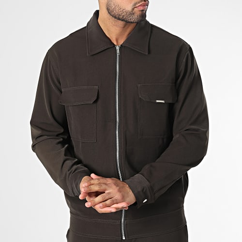 Ensemble Veste Zippée Et Pantalon Cargo Marron Foncé