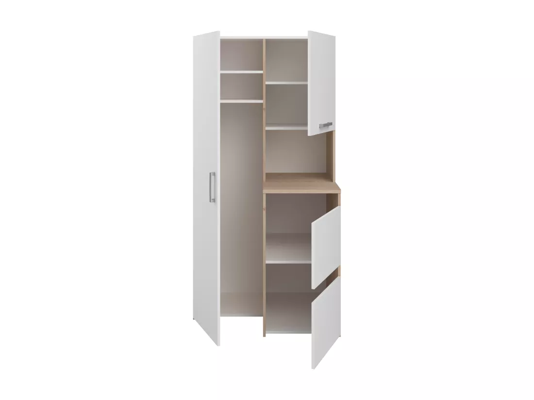 Meuble pour machine à laver avec étagères, placards et colonne de rangement - Naturel clair et blanc - L156 x H184 cm - ERKANO