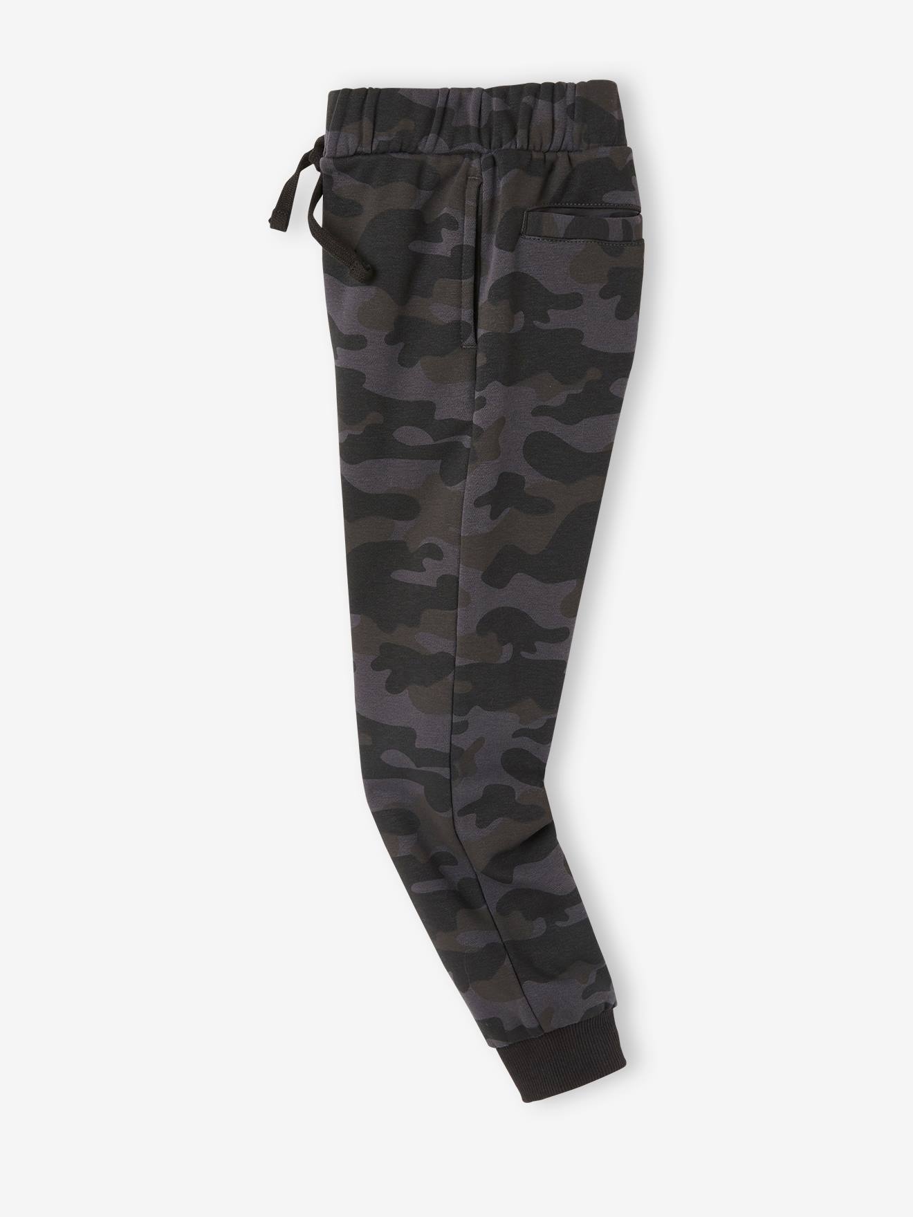 Calças de moletom pretas estampadas e camufladas para meninos