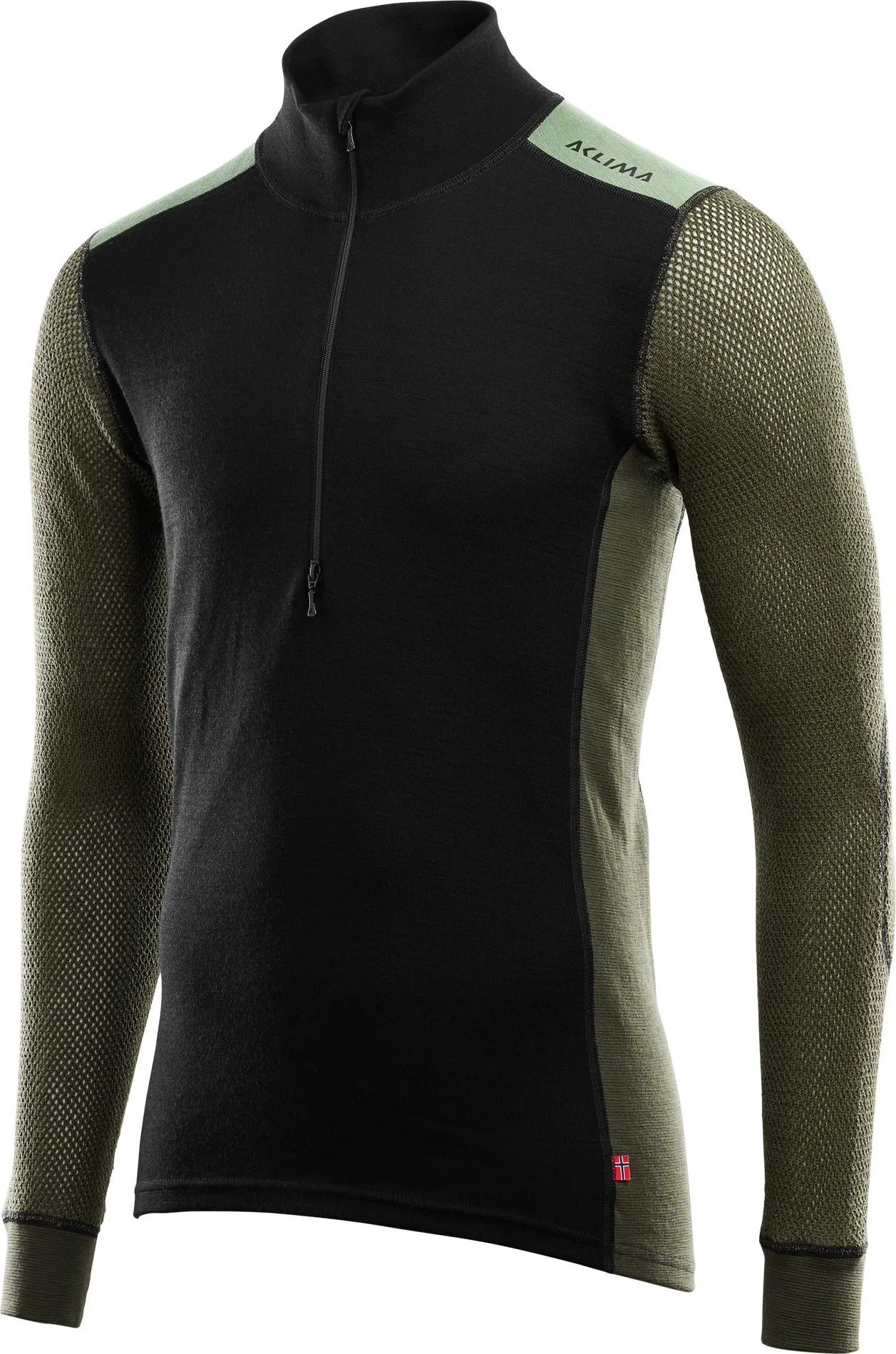 Aclima Men's WoolNet Hybrid Mockneck Jet Black/Olive Night/Dill