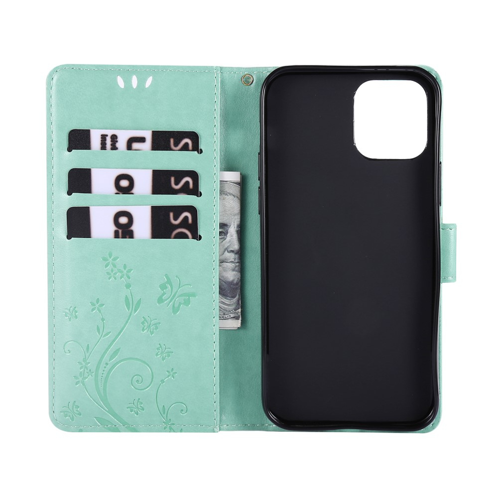 iPhone 12 / iPhone 12 Pro Leder Tasche mit Kartenfach   Handschlaufe Butterfly Flowers - Türkis