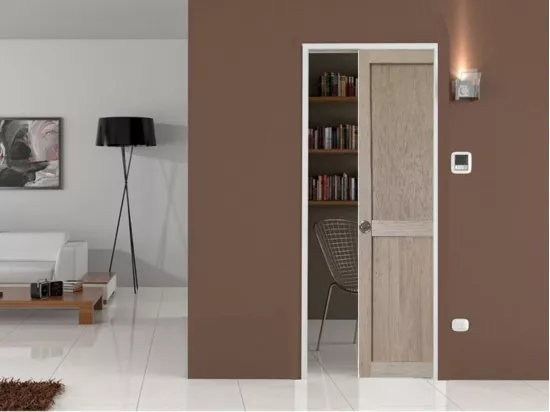 Porte Coulissante Atelier 2 Panneaux Chene H204 X L73 + Systeme De Galandage Et Kit De Finition Inclus Gd Menuiseries