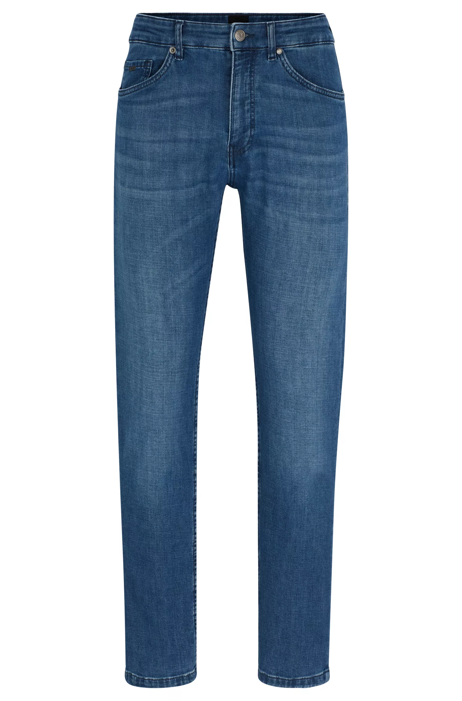 Calça jeans BOSS preta, corte afunilado, em denim elástico azul.