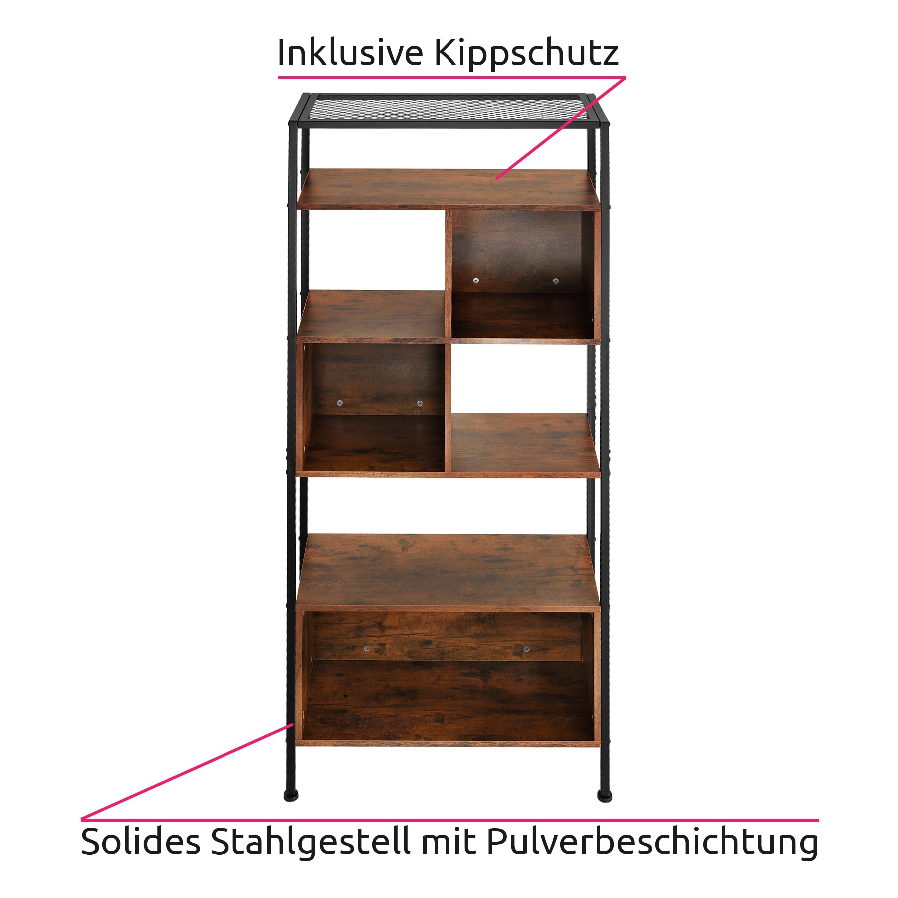 tectake® Regal, Industrial Style, mit 5 Ebenen, großes Staufach und 2 kleine Staufächer, inklusive Kippschutz, 75 x 31 x 170,5 cm
