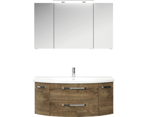Badkamermeubelset Pelipal serie 4010, afmetingen (B x H x D): 120,5 x 200 x 48 cm, fronten in eikenhouten look, Ribbeck badkamermeubelset met 4 delen, inclusief witte keramische wastafel, keramische wastafelkast en spiegelkast met ledverlichting.