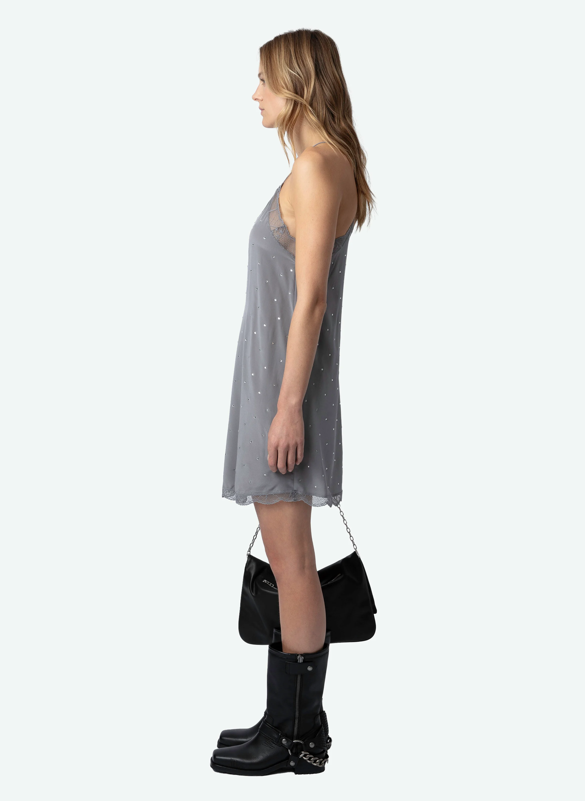 RISTYZ - Robe courte caraco à strass en soie| Gris