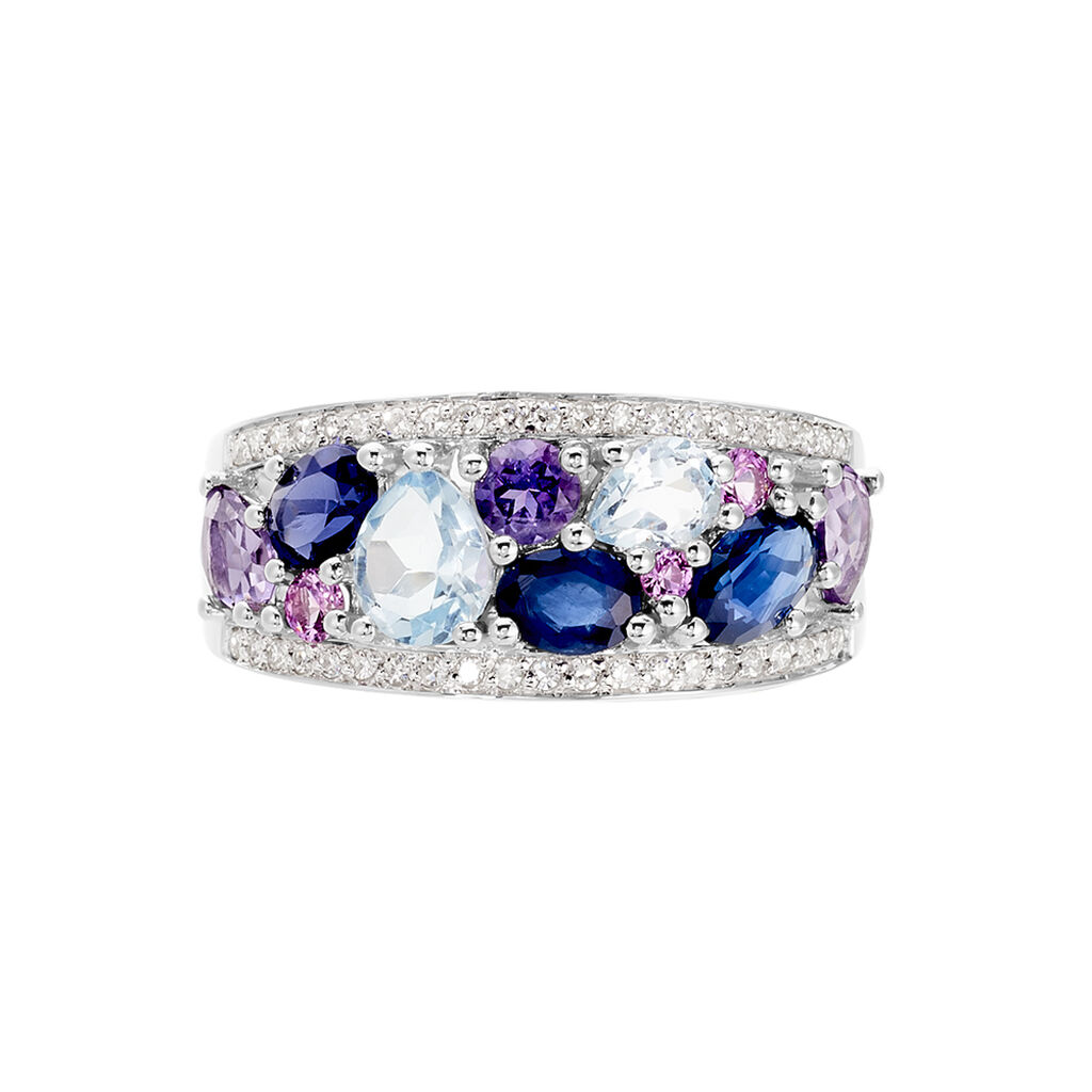 Bague Multicolore Or Blanc Topaze Et Amethyste Et Saphir