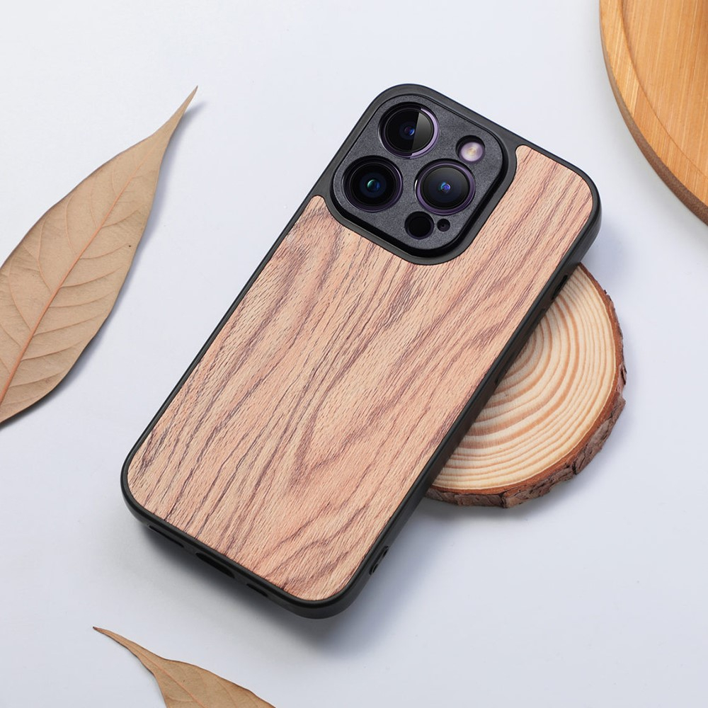 iPhone 15 Hybrid Hardcase Hülle mit Leder Rückseite im Holz Design - Beige