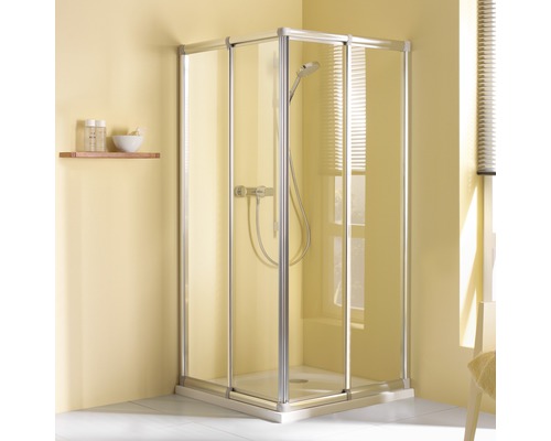 Hoekschuifdeur BREUER Fara 4 Express Q72 80-90 cm hoogte 185 cm, acrylglas parelmoer, profielkleur zilver mat