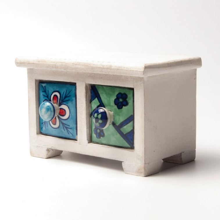 Schubladentruhe mit 2 Schubladen, weiß/blau/grün, L 10 cm, B 17 cm, H 10 cm von fischer's lagerhaus