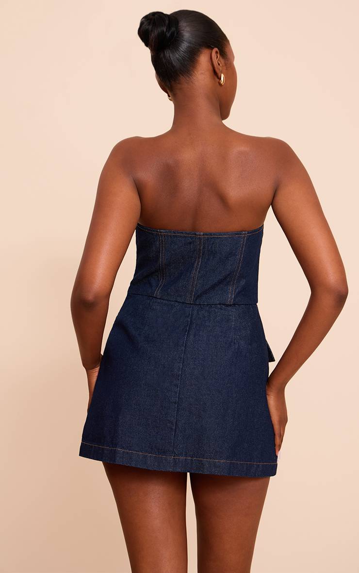 Bleu Indigo Robe Mini En Denim Trapèze Structurée Bustier