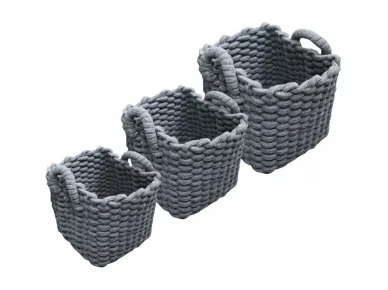 Set 3 paniers carrés en corde de coton tressée gris avec anses - LOV
