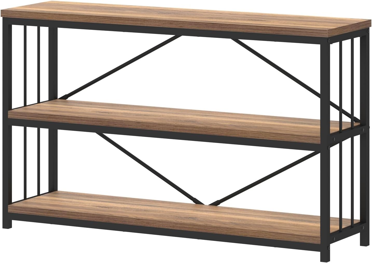IBF Bücherregal mit 3 Etageren, industrielles kurzes, weit offenes horizontales Bücherregal, Bauernhaus, niedriges Holz, Metall, Bücherregal für Büro, modernes Vintage-Etagere im Schlafzimmer