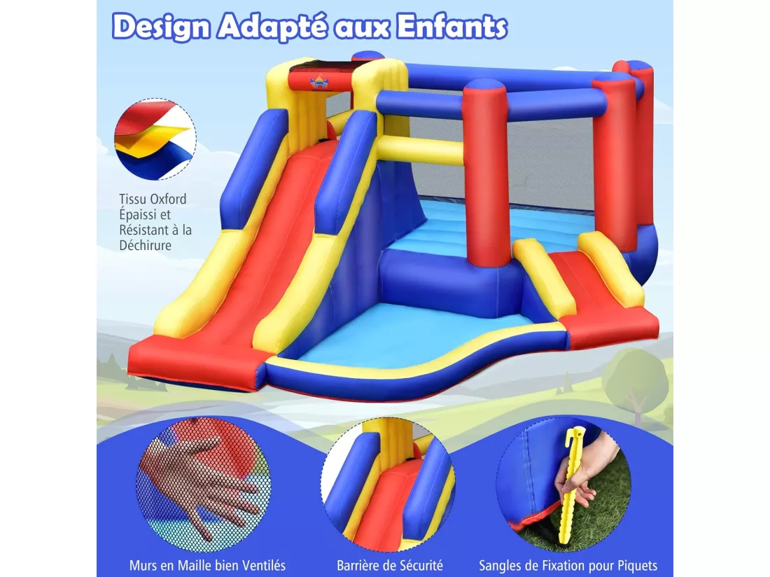 5 en 1 Château Gonflable avec 2 Toboggans & Maison de Saut, Aire de Jeux Gonflable avec Mur d'escalade & Panier de Basket & Balle Gonflable, Charge 120kg pour 3-4 Enfants de 3-10 Ans