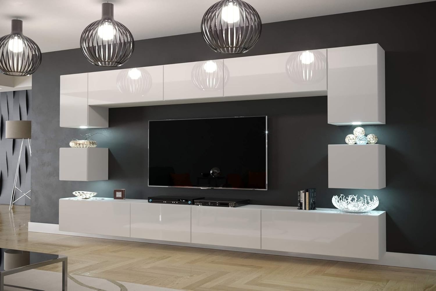 Wohnwand Wohnzimmer Möbel (Weiß) mit LED RGB - 16 Farben - Hängend Wohnzimmerwand Modern - Schrankwand mit Regale und TV Schrank (Nowara AN1-17W-HG21 1C)