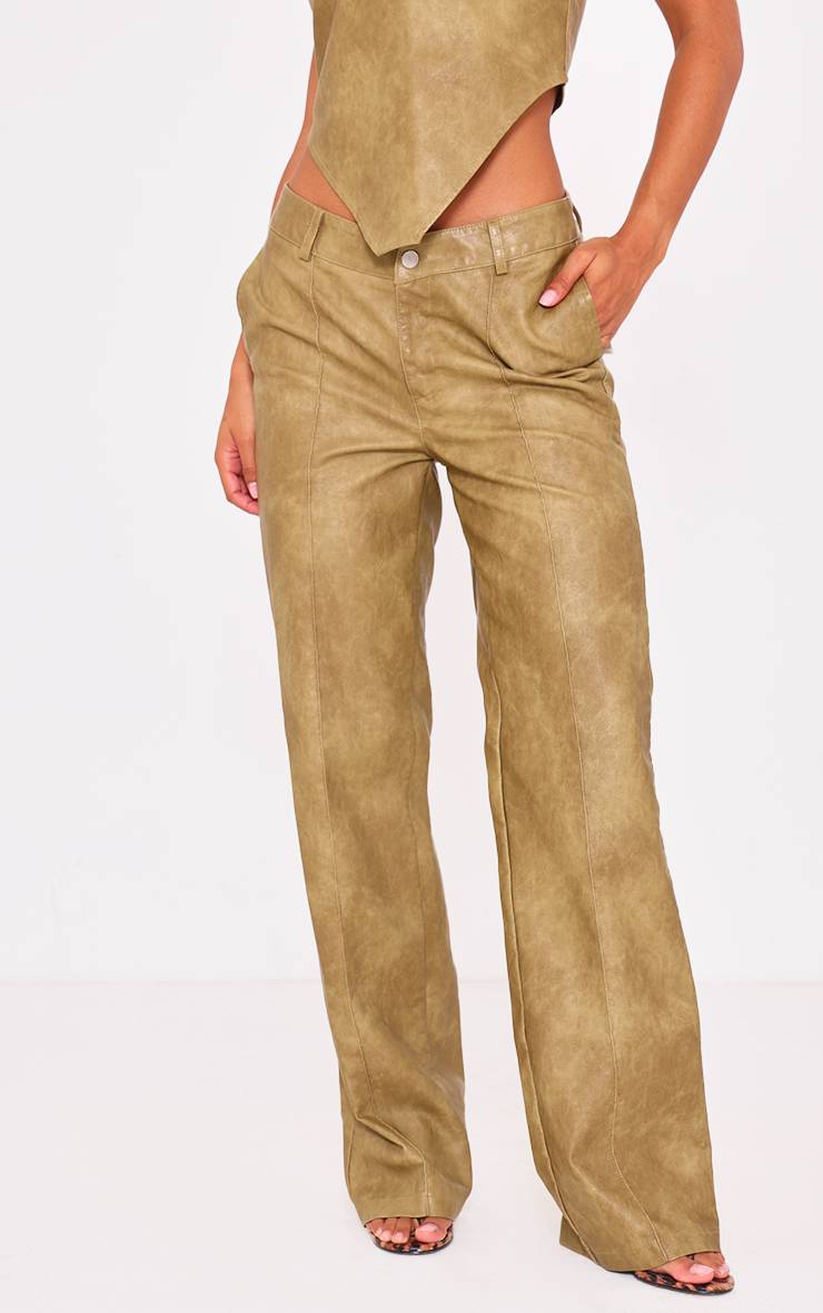 Vert Olive Pantalon Évasé Taille Basse En Synthétique Lavé Premium