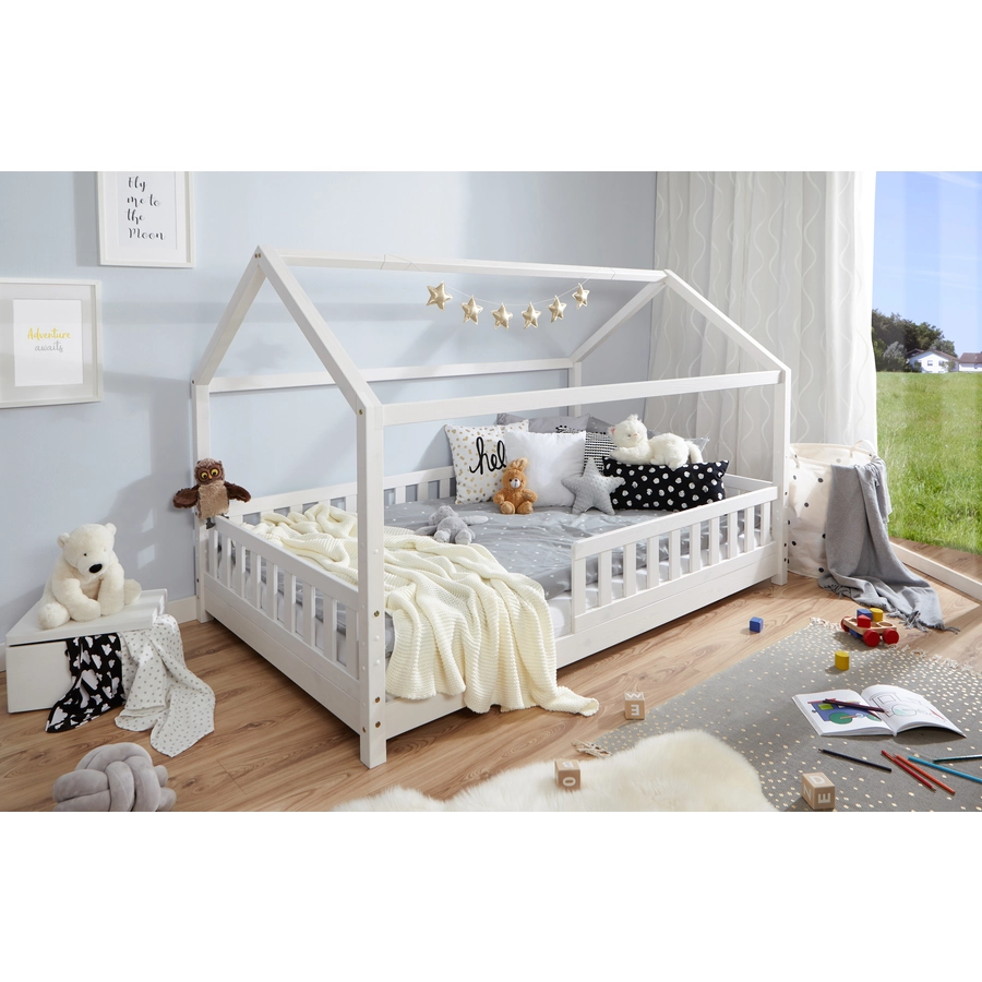 TICAA Kinderbett Hausbett Kay 120x200 Kiefer weiß Weiß