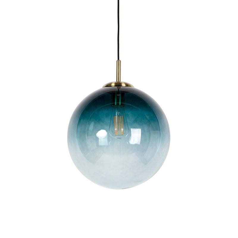 Art Deco hanglamp messing met oceaanblauw glas 33 cm - Pallon