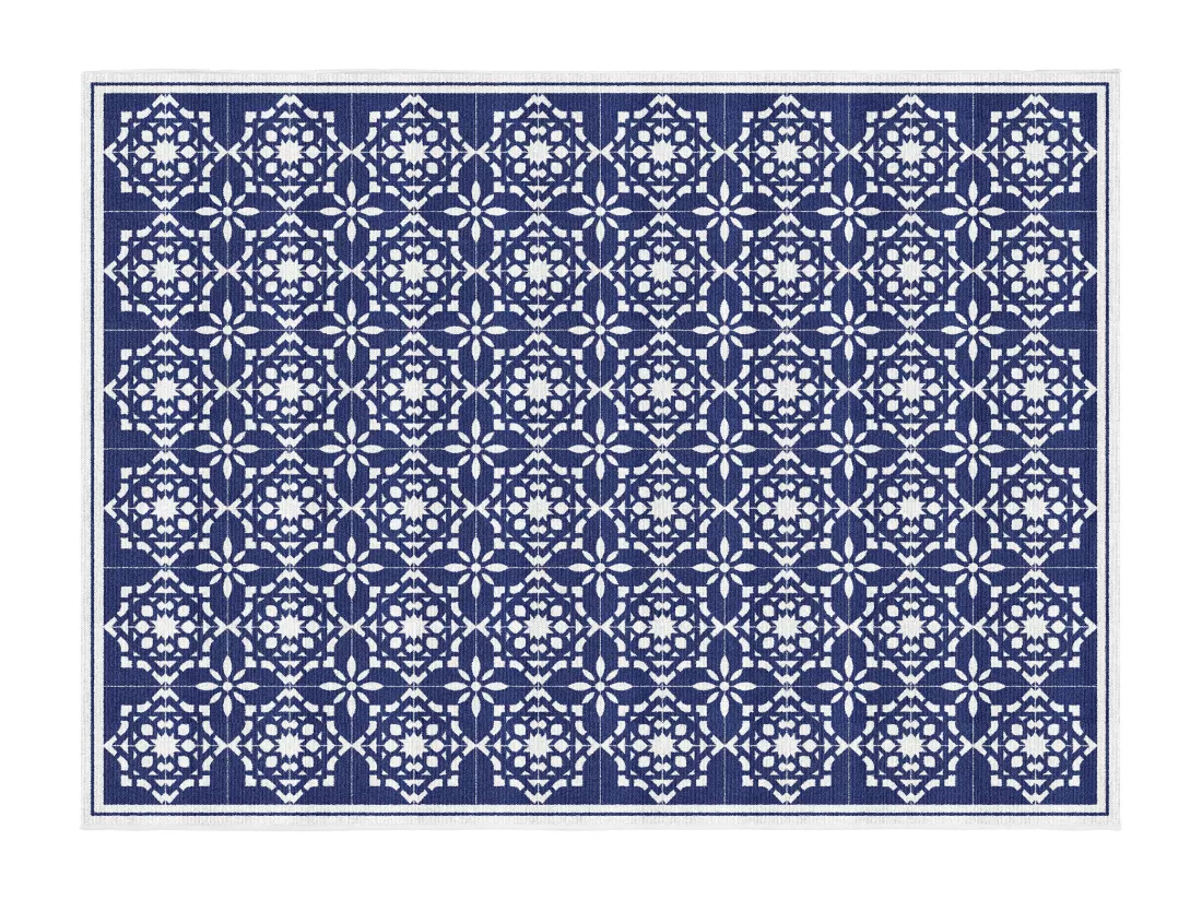 Tapis intérieur ou extérieur effet carreaux de ciment - 150 x 200 cm - Bleu et blanc - BAYONA