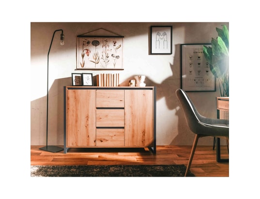 TERRE DE NUIT - Commode 2 portes 3 tiroirs en bois imitation chêne - co7109...